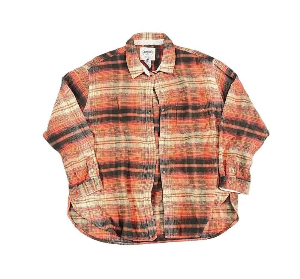 American Eagle Orange Plaid Oversized Flannel Button-Down Shirt